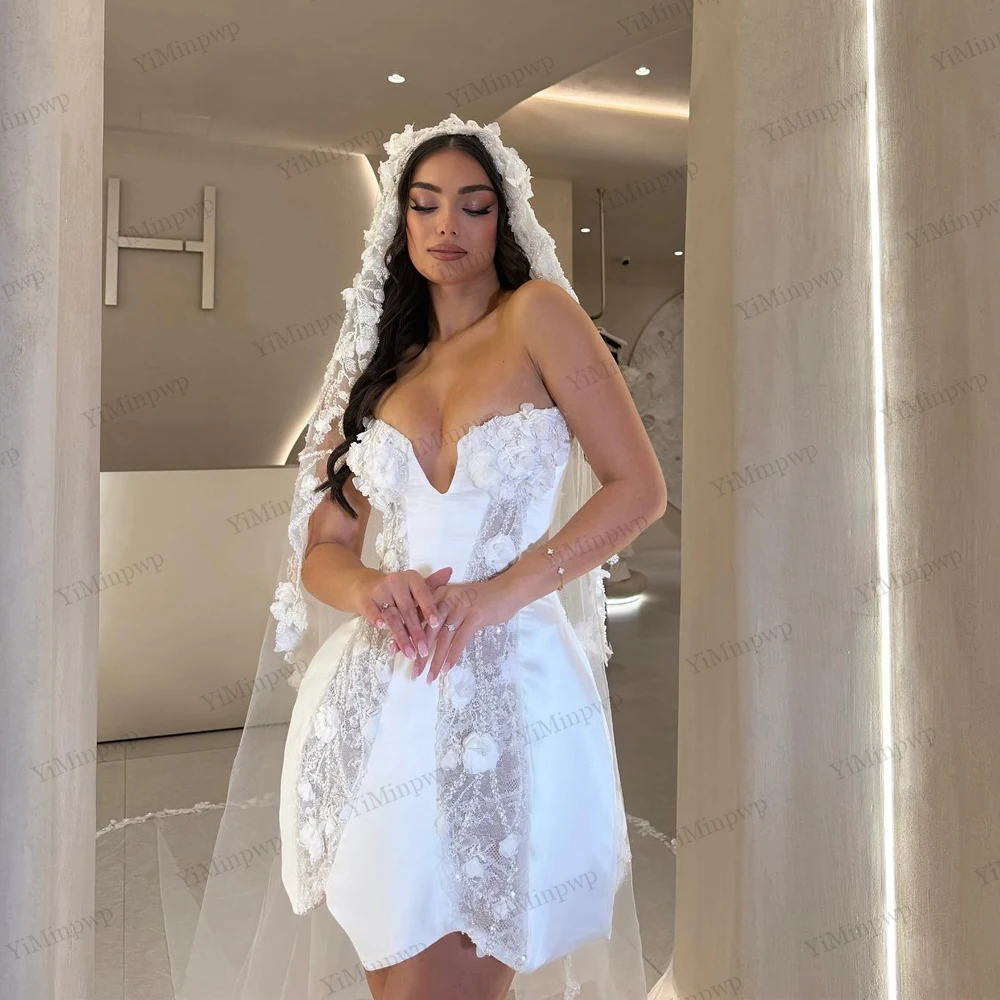 Flowers Mini Wedding Dresses Strapless Strapless Applique Straight vestidos de novia Short Luxuries Party Gowns Customized