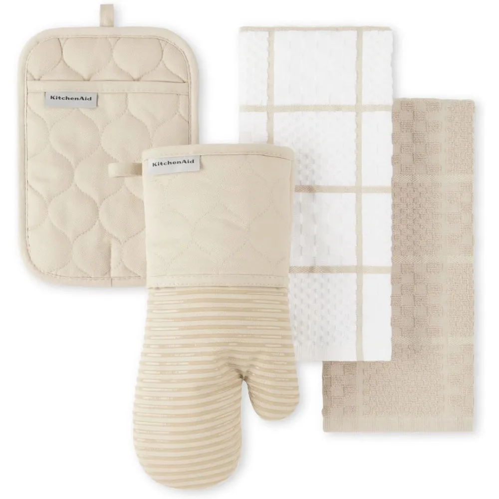 

quilted cotton terry cloth oven mitt, pot holder, kitchen towel 4-pack set, heat resistant, silicone grip, 16"x26", 7"x13" & 7"