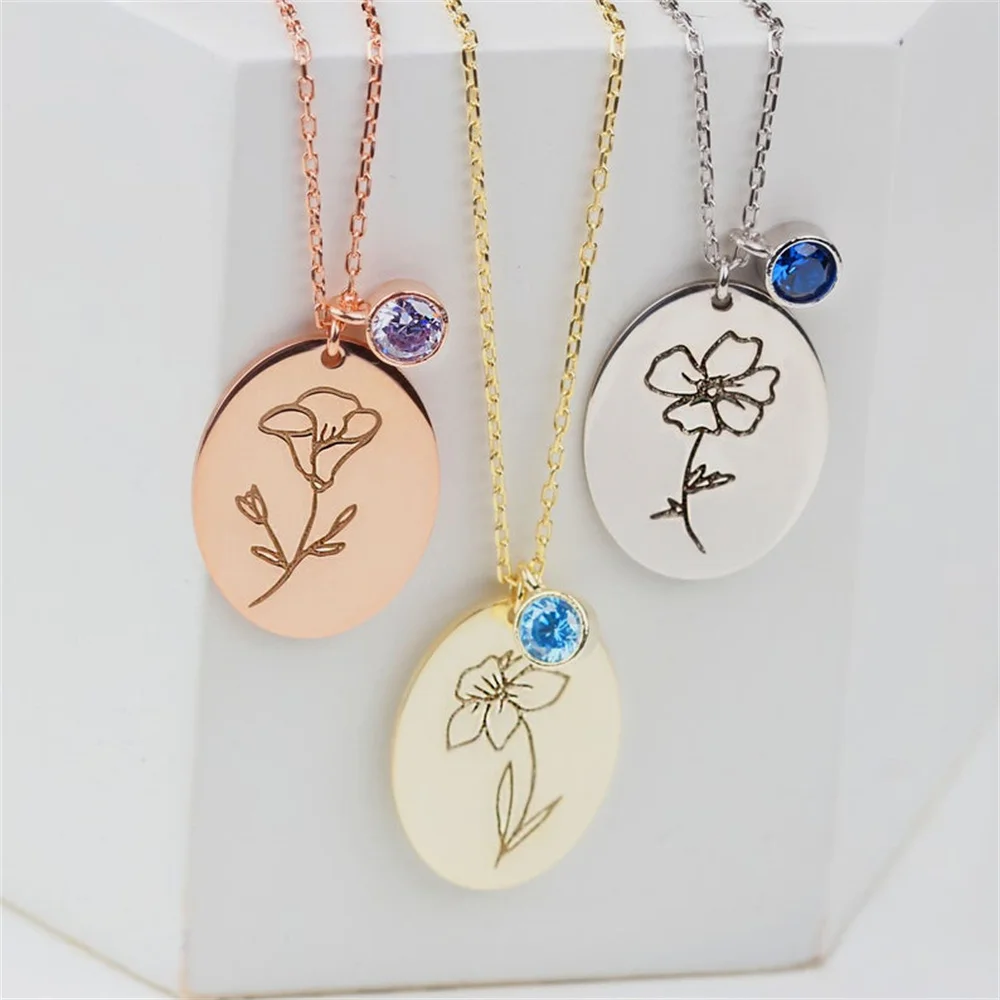 Customized Flower Birthstone Women Necklace Personality Oval Pendant Stainless Steel Necklace Jewelry Birthday Gift Collar Mujer