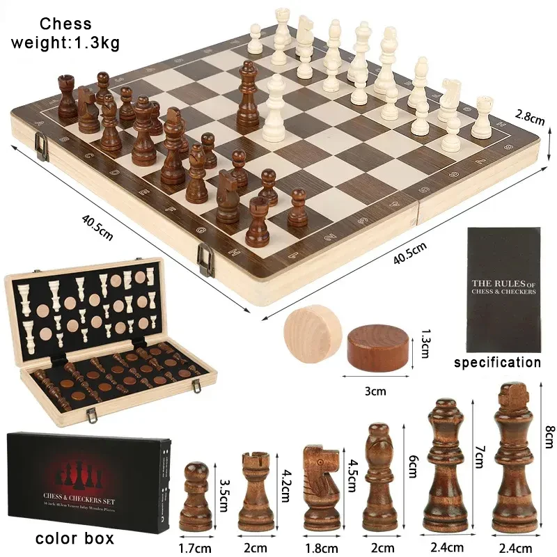 2 in 1 Magnetic Chess Set & Checkers Board Game 15" Wooden Folding Chess Board with 2 Extra Queens Portable Travel Chess Set