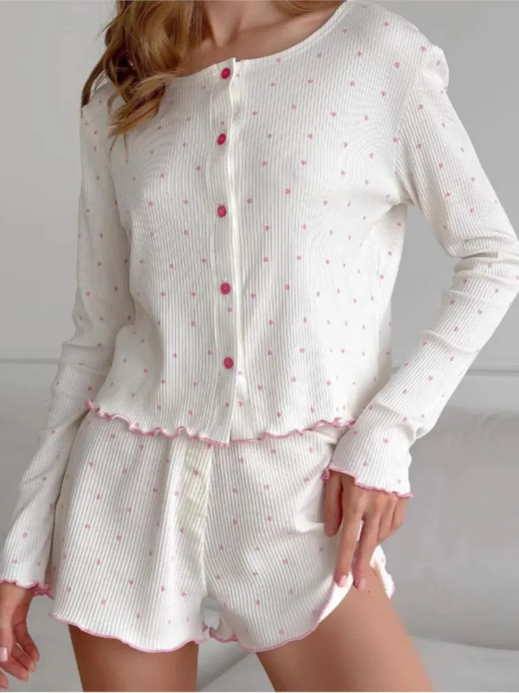 

2026 Summer New Homewear 2 Piece Set Outfit Knitted Printed Long Sleeves Tops Short Pants Comfortable Pajamas Set Contrast Loose