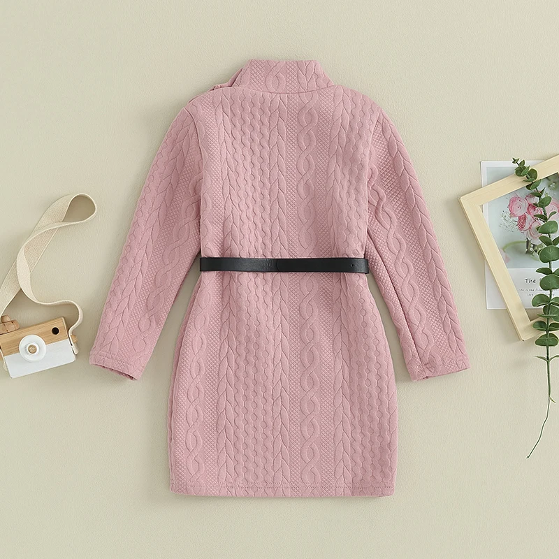 2PCS Toddler Baby Girls Long Sleeve Sweaters Dress Turtleneck Cable Knit Shirt Dress PU Belt Sets