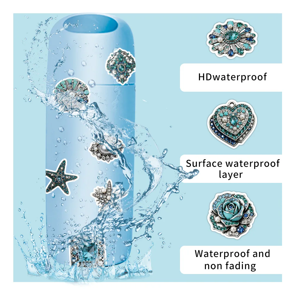 50Pcs Blue Rhinestone Ocean Animal Waterproof Stickers for Water Bottle Skateboard Helmet Reward Journal DIY Decor Decals
