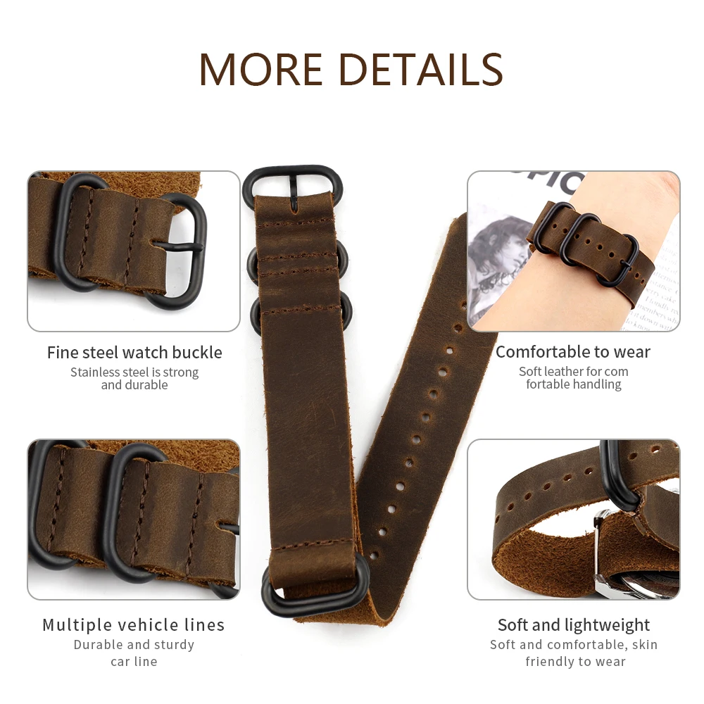 Handmade Crazy Horse Leather Strap 22mm Coffee Men Watch Strap Vintage Leather Watch Band with Five Rings Buckle