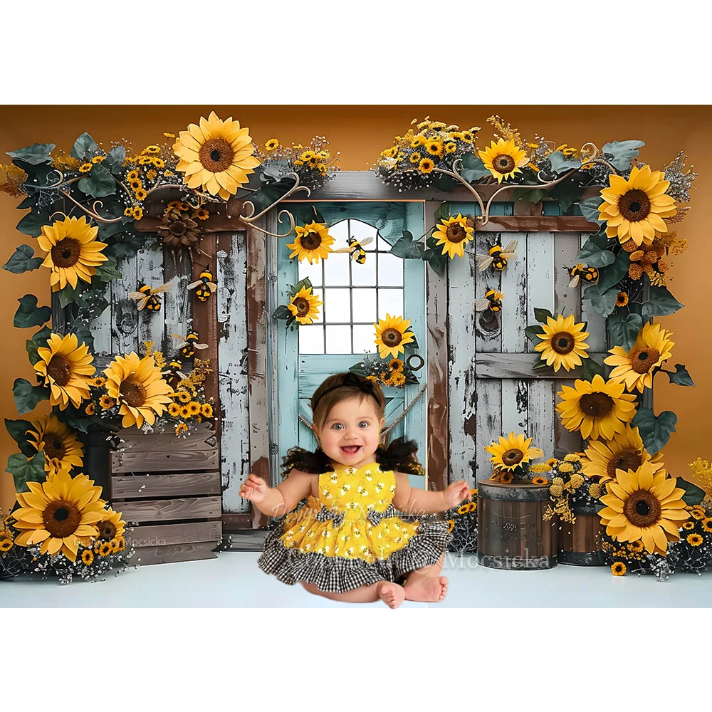 Summer Sunflower Girl 1st Birthday Background Photography Studio Sweet Bee Baby Show Cake Smash Backdrop Wooden Door Decor Booth