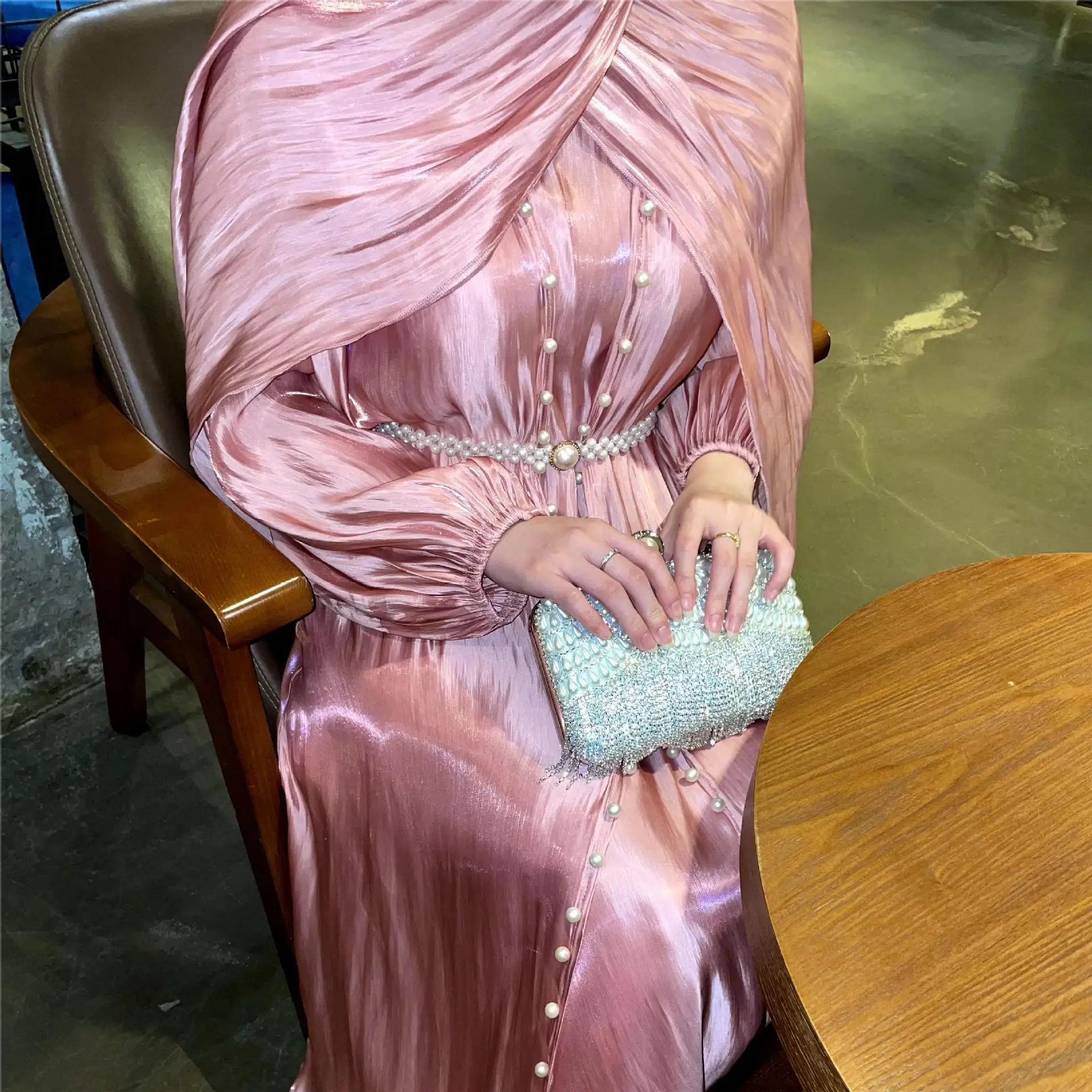 

2pcs Eid Muslim Abaya Women Party Dress Pearls Belt Long Robe Abaya Kaftan Vestidos Ramadan Kimono Jalabiya Kebaya Caftan Gown