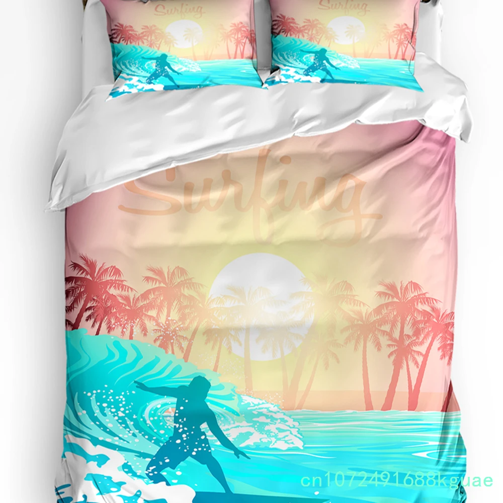 Surfing Silhouettes Waves Sunset Coconut Trees Duvet Cover Bed Bedding Set Home Quilt Cover Pillowcases Bedding Set No Sheet
