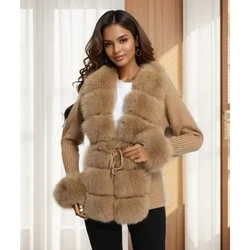 Autumn-winter Women's Fur Coat Luxury Patchwork Knitted Sweater Bandage Fur Cardigan Detachable Collar Jacket Fur Coat