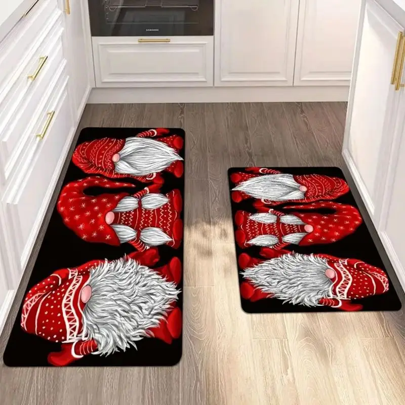 VIKAMA Christmas Flannel Kitchen Mat Three Gnomes Red Sweater Black Print Non Slip Rug For Kitchen Floor Dining Home Decor
