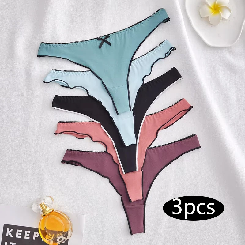 3pcs/set solid color cotton knitted women's thong,cute sweet bow breathable comfortable,soft skin friend underwear G-string