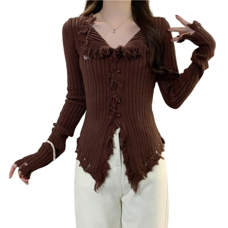 Women Y2K Frayed Tassels Trim Knitted Cardigan Long Sleeve Lapel V-Neck Button Up Casual Aesthetic Sweater Crop Top N7YE