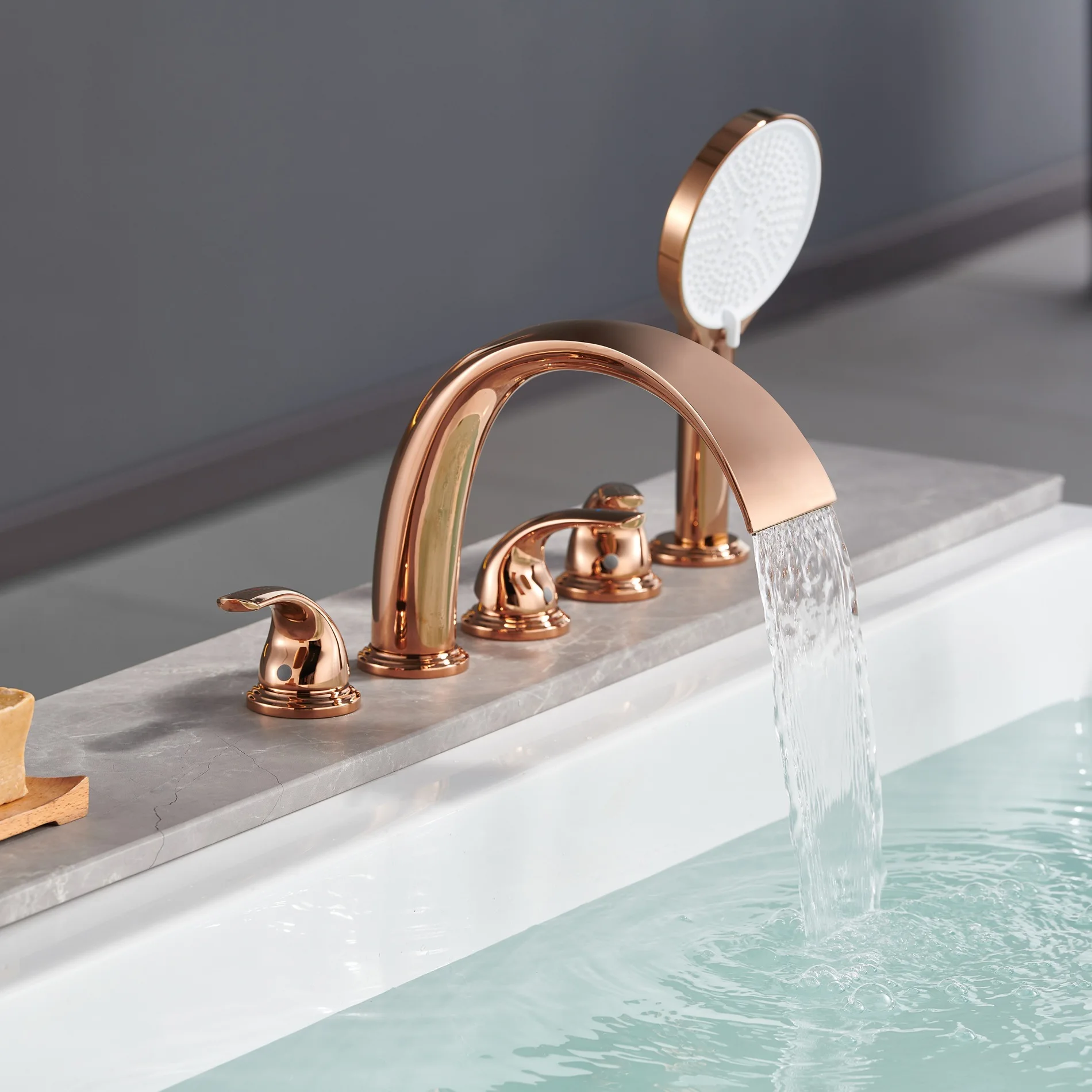 All-copper gunmetal bathtub faucet with side-mounted cold/hot water spout, split-type five-piece shower set, rotatable