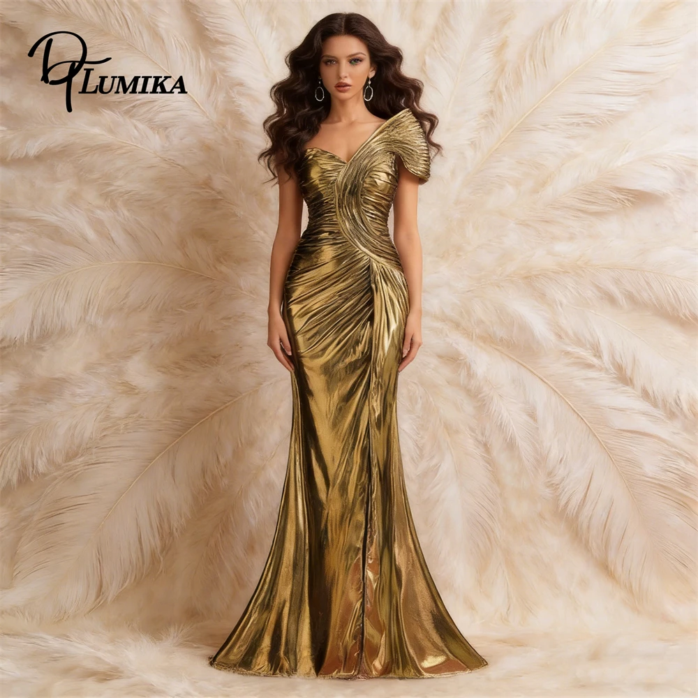 

DTLumika Metallic Gold Maxi Formal Dress for Women 2026 One Shoulder Sheath Prom Dresses Customized Size & Color