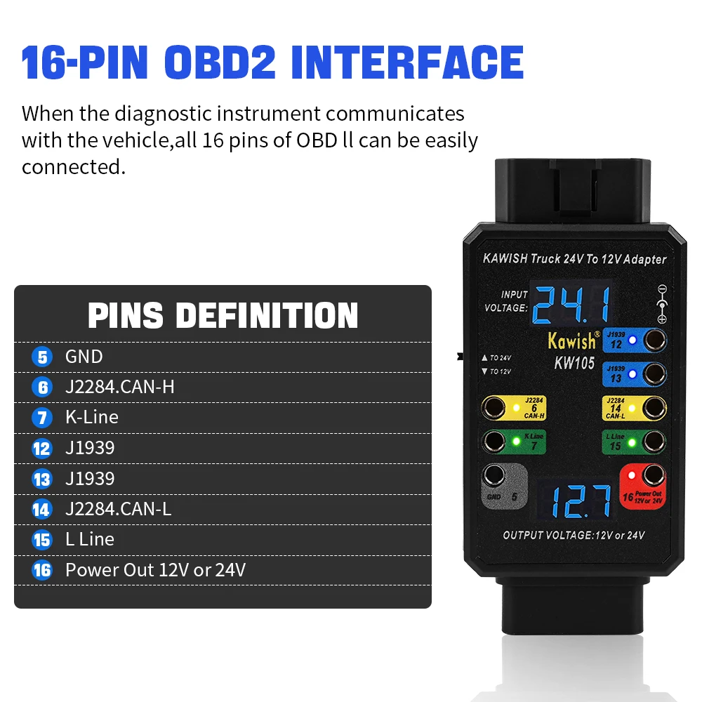 New! KW105 Heavy Duty Truck Adapter 24V to 12V Converter for X431 OBD Breakout Box Function Vehicle Diagnostic Tool