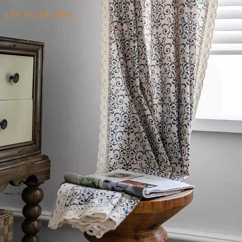 Cotton Linen American Country Retro with Sun Lace Tassel Curtain Easy Drape Window Curtains for Living Room Kitchen Valance