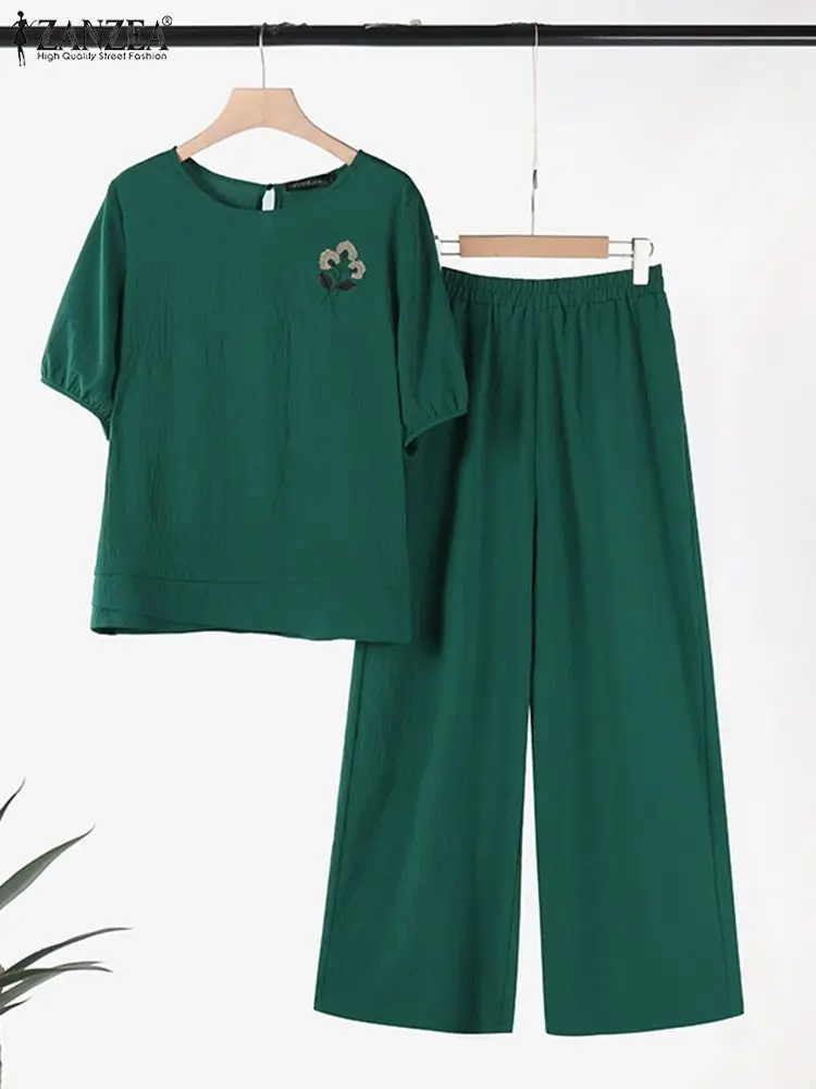 2024 ZANZEA Summer Suit Women Floral Embroidery Blouses Pant Sets Vintage OL Work Wide Leg Trousers Suits Fashion 2pcs Tracksuit