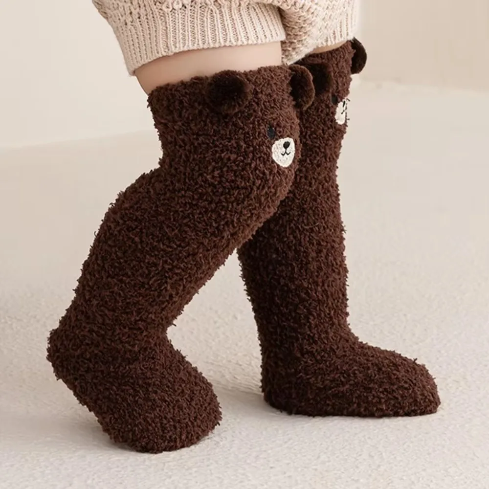 Cartoon Bear Design Baby Socks Thickened Coral Velvet Infants Stocking Knee Protection Warm Socks for 0-5year Kids