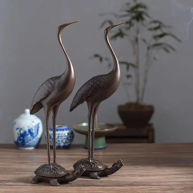 

Antique brass turtle and crane model engraved metal desktop gifts, home living room office New Year
