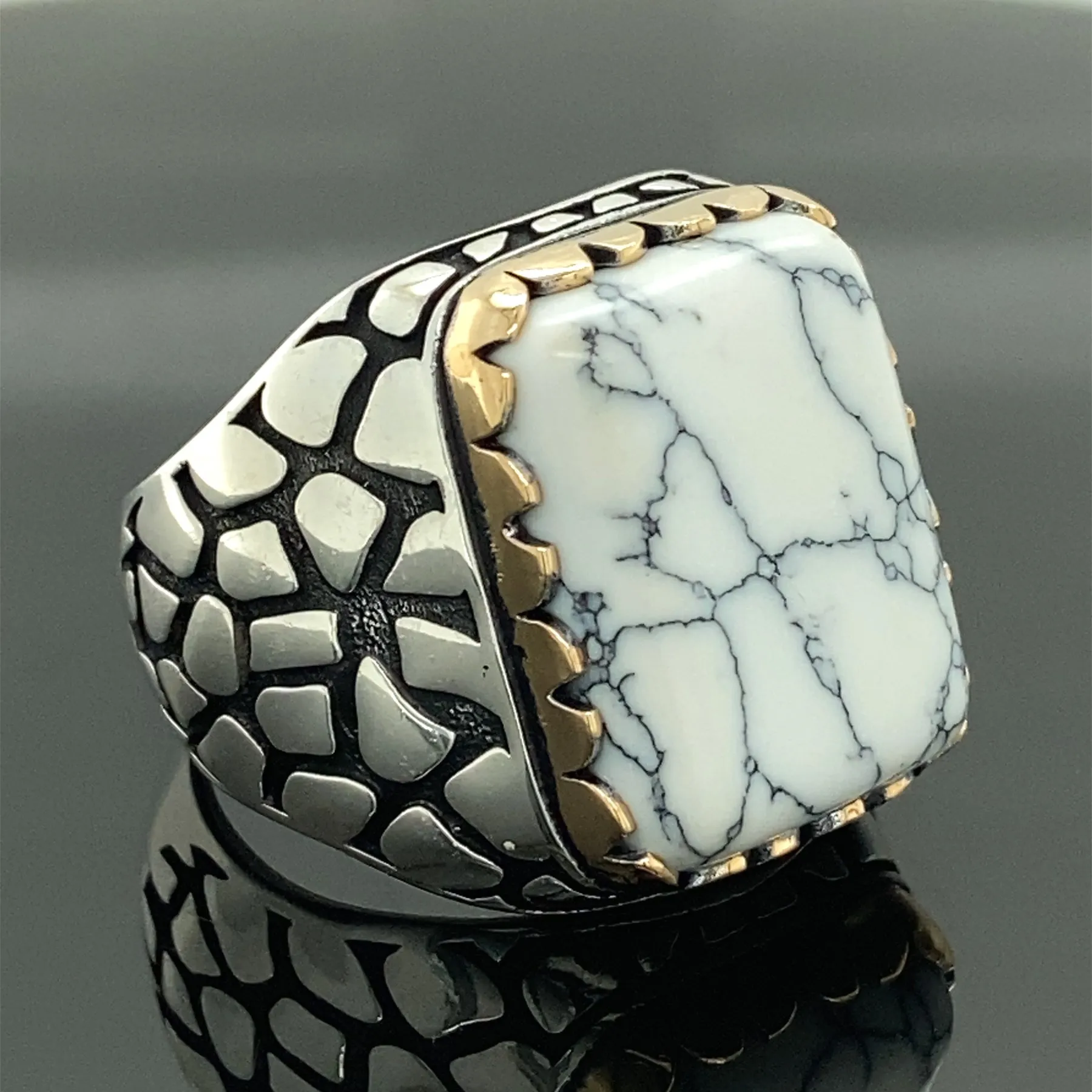 Men Handmade Ring , Men Howlite Ring , Natural Howlite Ring , Patterned Ring , Turkısh Handmade 925k Sterling Silver Ring