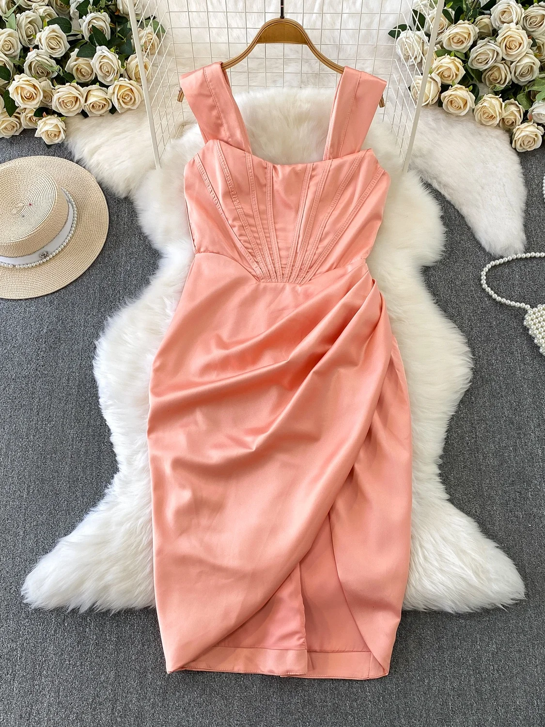 Ele Fibone Taille Cinching Slit Dr Damen Faionable Strapl Kleid Hohe Taille Design für Herbst Winter Abnehmen