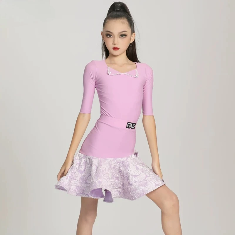 THEEPER Girls Latin Dance Dress Set, Lavender Purple 3/4 Sleeve Floral Skirt for Kids Latin Practice Wear, Latin Dance Costume view 4
