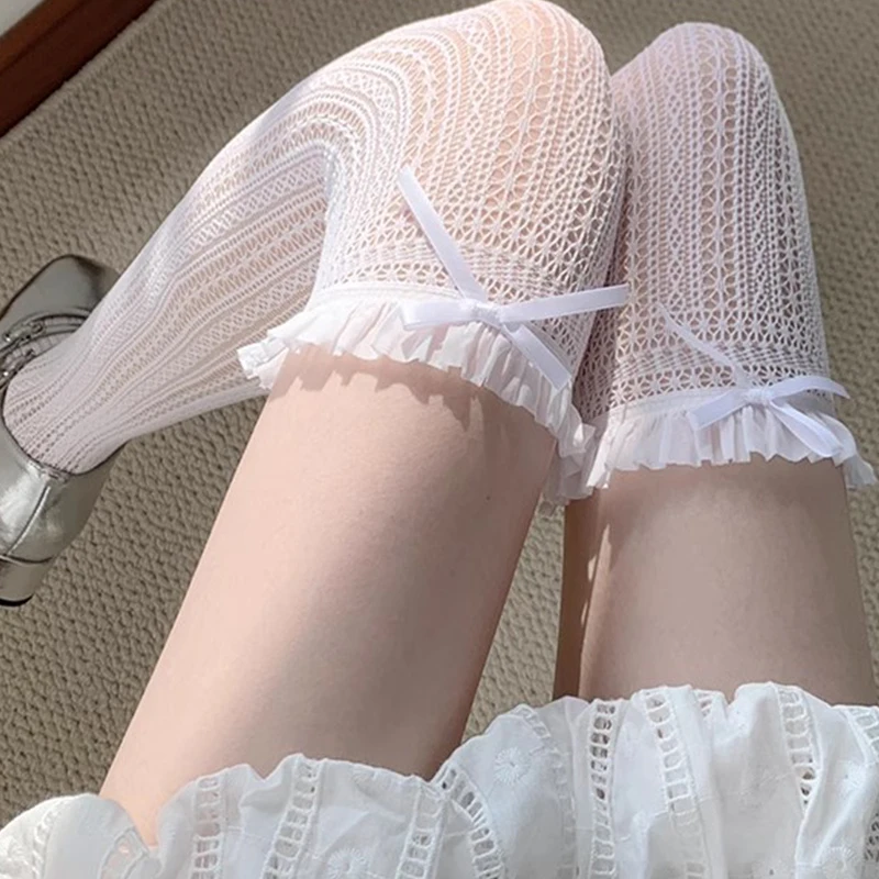 2025 الحلو Bowknot Sockings الدانتيل شبكة جوارب طويلة إلى الركب لطيف كشكش موضة مطابقة العجل الجوارب لوليتا الجوارب الطويلة للنساء الفتيات #2