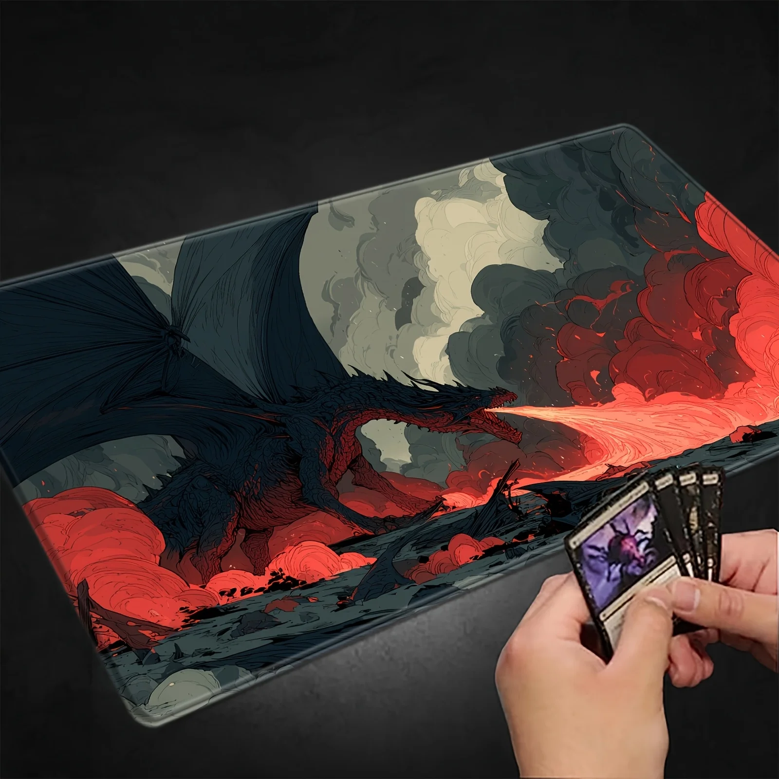 Rubber Playmat Featuring a Dark Fire Dragon Design, Compatible with TCG/MTG/CCG/RPG Collectible Card Games