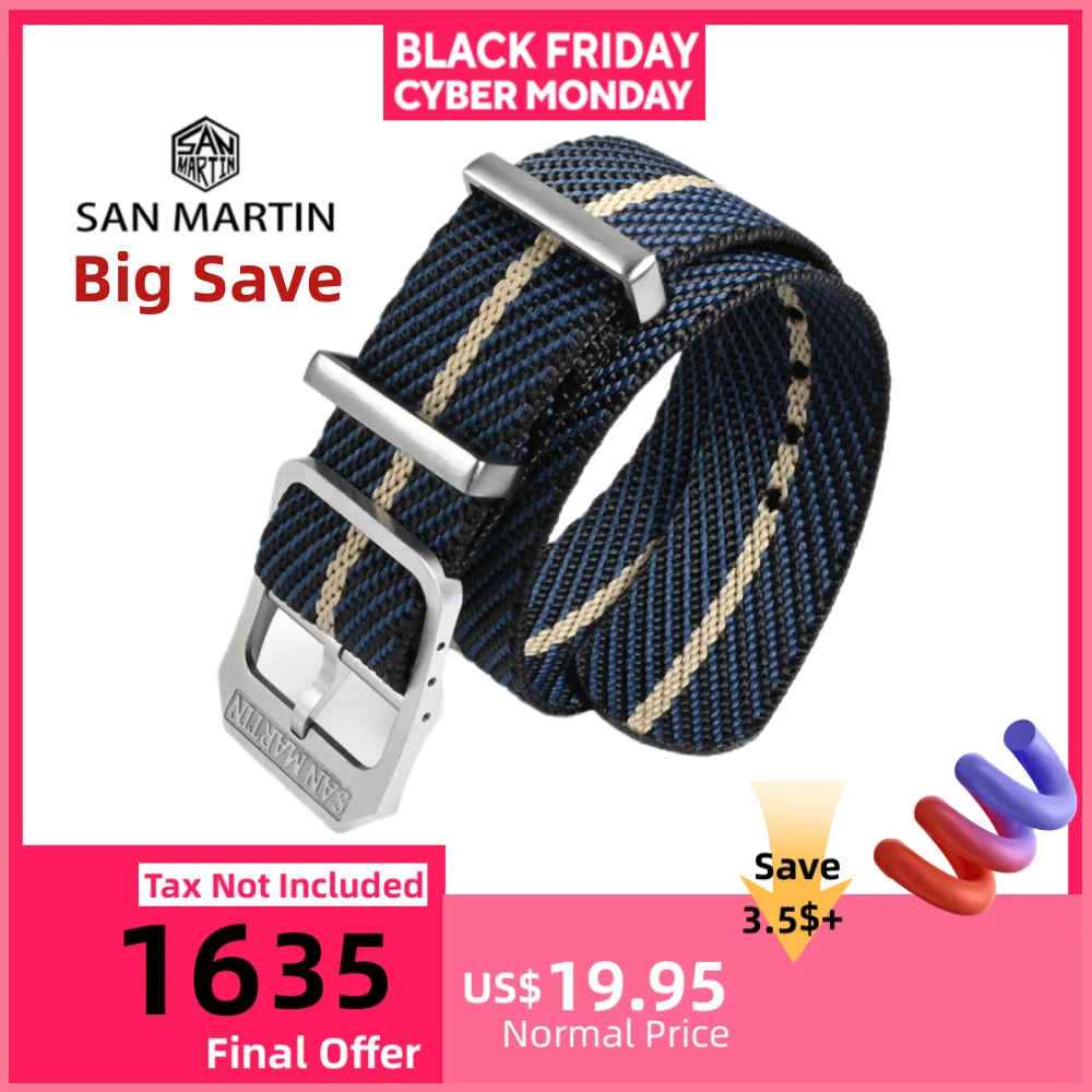 

San Martin Ribbed 1pcs Nylon Strap Men Sports Wristband Army Military 20mm High Quality Square Stainless Steel Pin Buckle BD0006