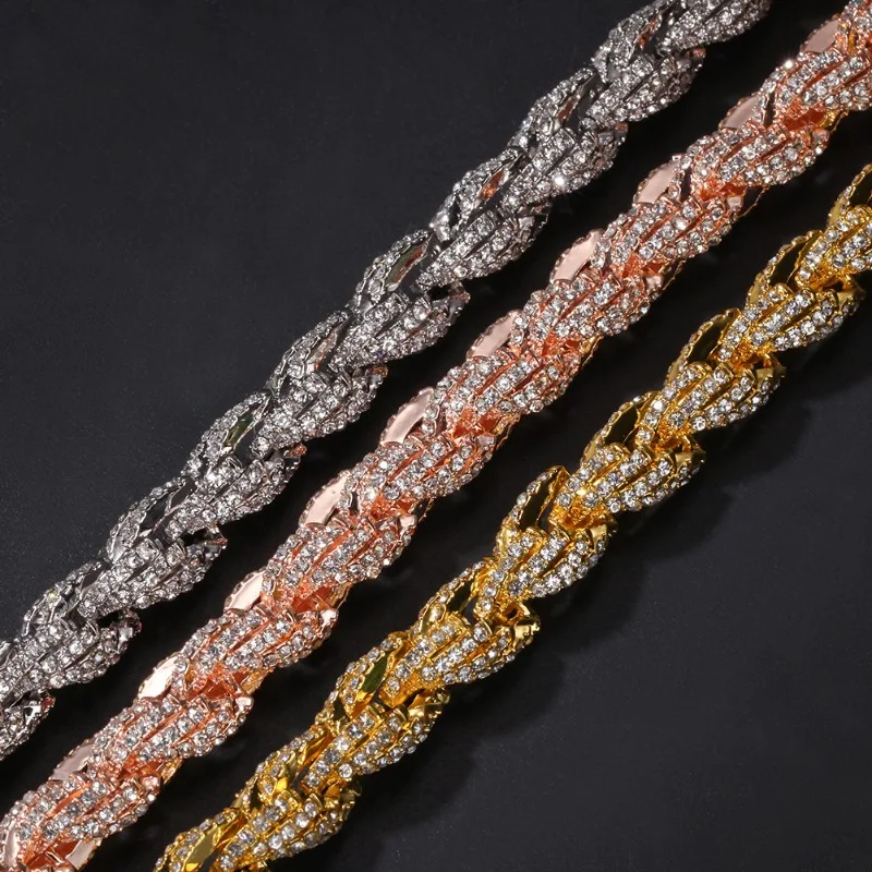 Hip hop alloy diamond inlaid 9mm gold Fried Dough Twists necklace new fashion exaggerated men's necklace 16-24 inch