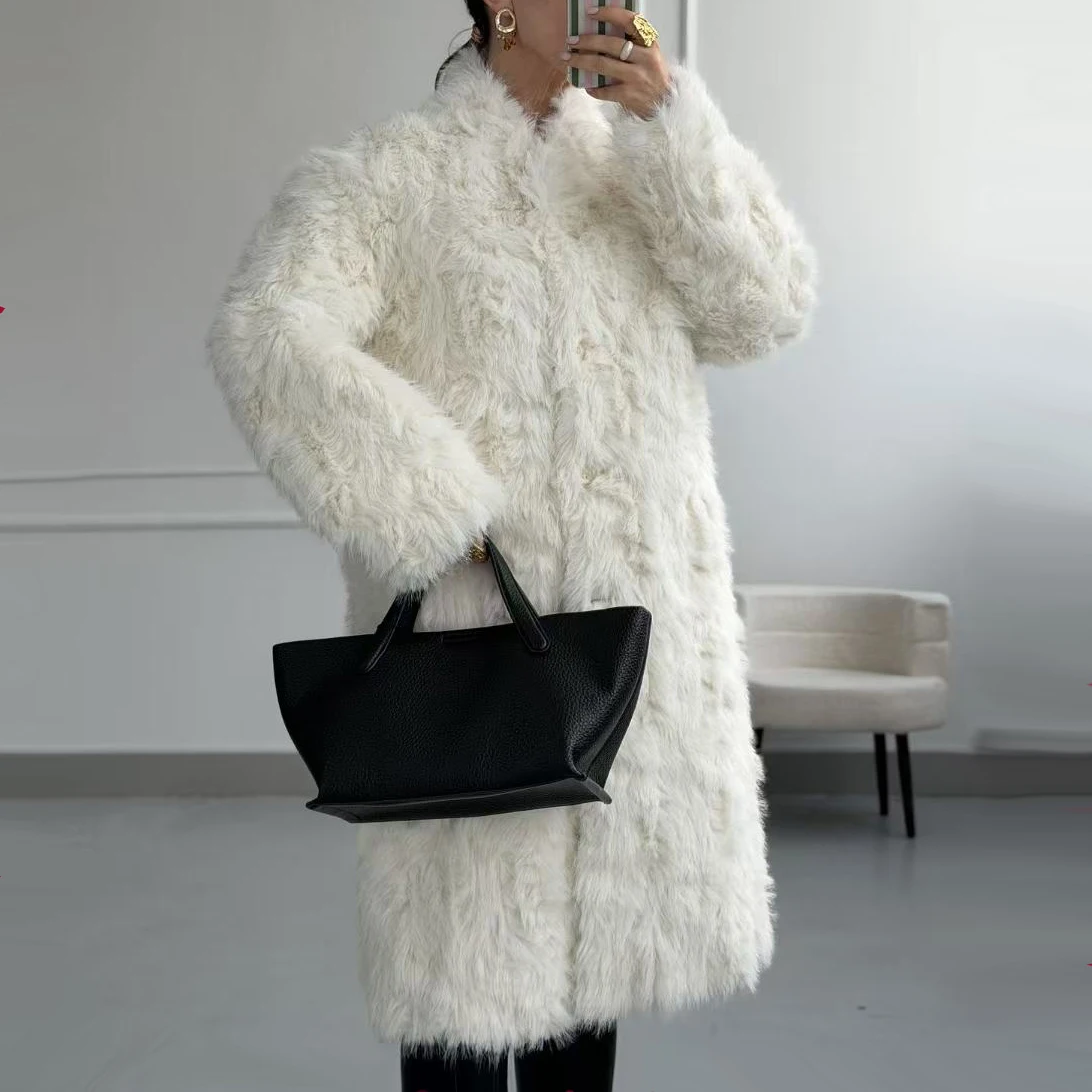 Women Mid-length Faux Fur Coat V neck Single Breasted Autumn Winter Warm Plush Overcoat