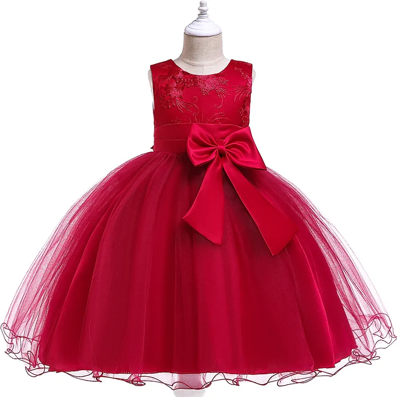 Girl Dress Flower Embroidered Bow Princess Dress Children Lace Mesh Tutu Wedding Christmas Birthday Party Dress Girl Dress