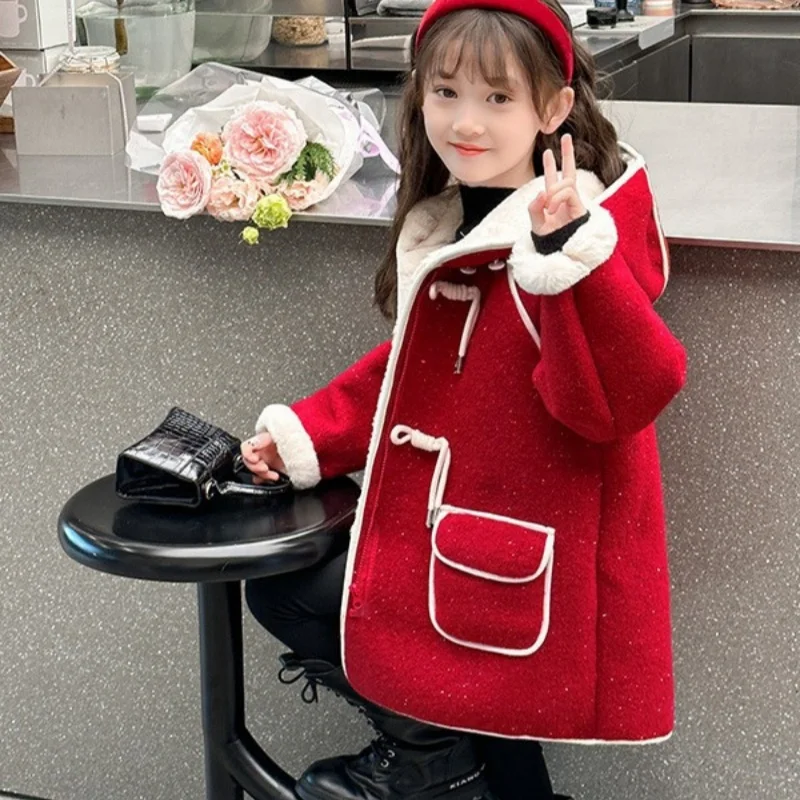 

Girls Woolen Coat Overcoat Jacket Windbreak Outerwear 2024 Sequin Warm Thicken Winter Warm Snowsuits Christmas Gift Children's C