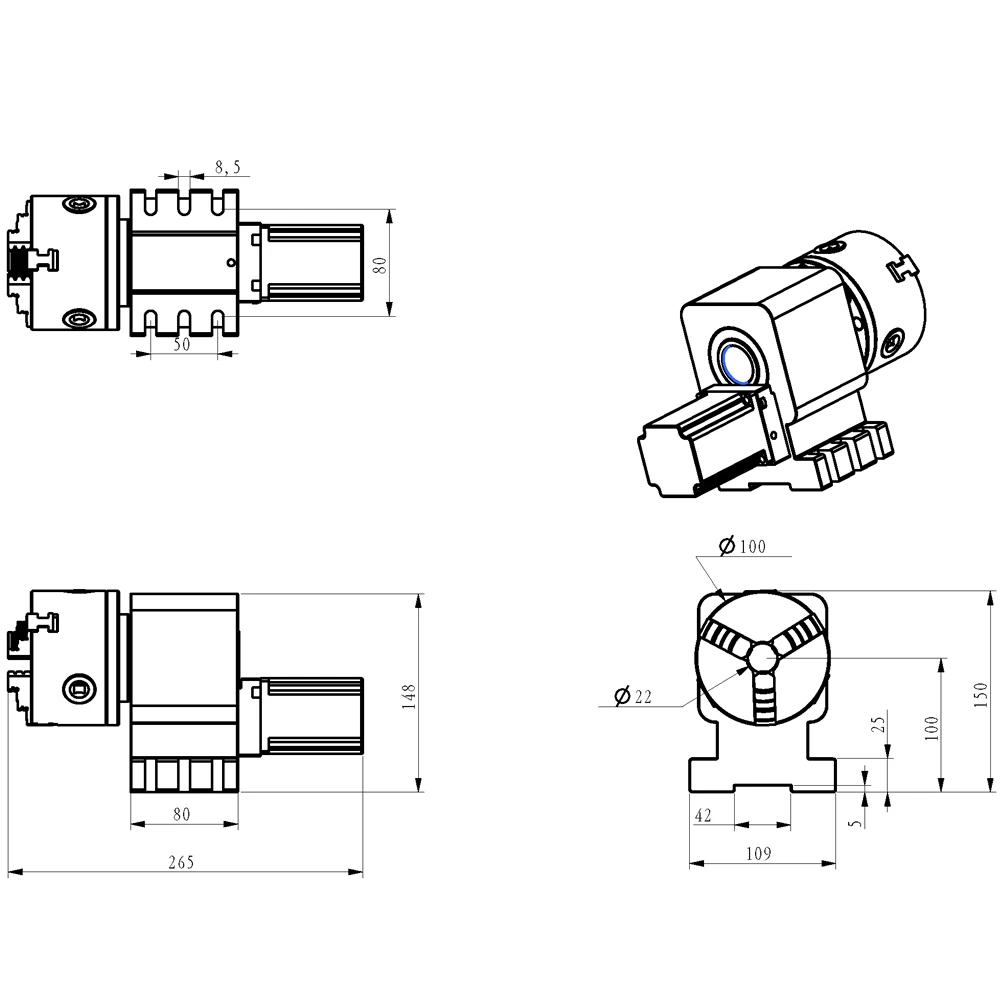 CNC A 4th Axis Rotary Axis Gearbox Reducer NEMA 23 Stepper Motor CNC Indexing Head 3/4 Jaws 100MM Chuck Engraving Machine Tool