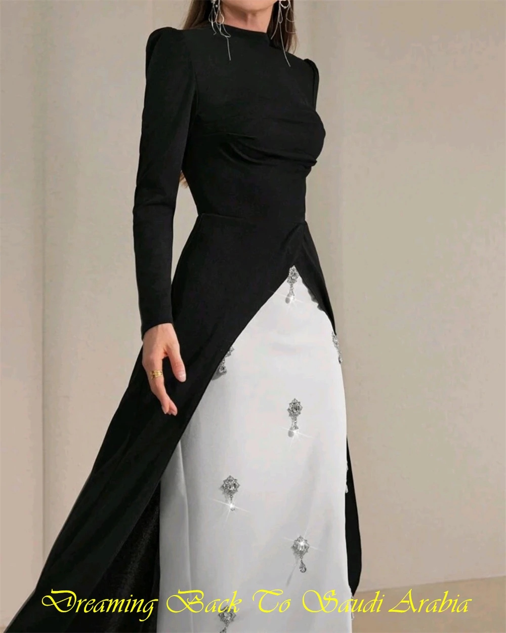 تخصيص كلاسيكي أسود جيرسي مساء اللباس الكلاسيكي س الرقبة طويلة الأكمام فساتين المشاهير حساسة مستقيم كريستال فساتين حفلة موسيقية #6