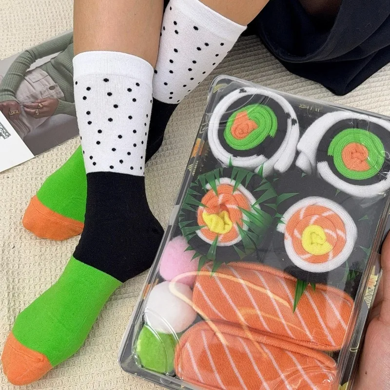 

3Pairs Novelty Sushi Sock Gift Box Funny Creative Food Crew Sock Mid Calf Absorb Sweat Breathable Stocking Men Women Prank Party