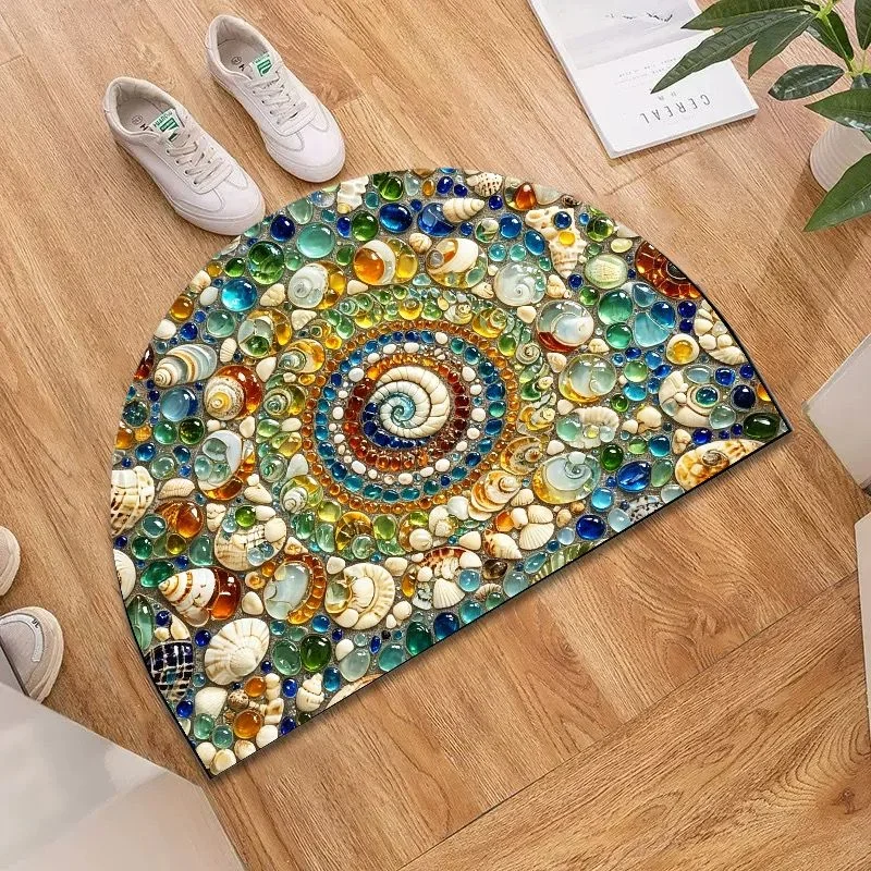 VIKAMA Half Round Sea Shell Mosaic Spiral Doormat 3D Visual Non Slip Absorbent Front Door Mat Coastal Beach Decor Rug