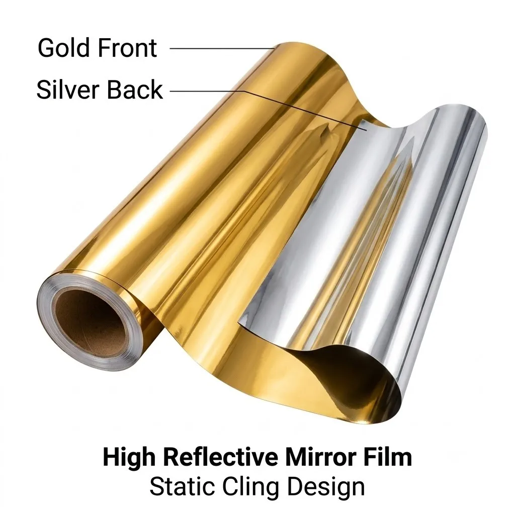 Static Cling One Way Mirror Window Film Front Gold Back Silver Glue‑Free Daytime Privacy Heat UV Block Glass Sticker for Home