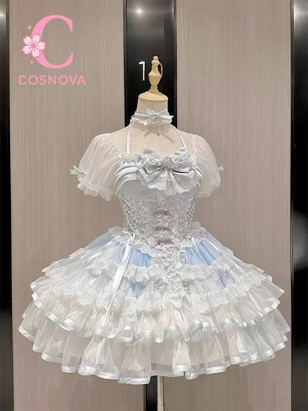 

Japanese Lolita Cute Waltz White Blue Ballet Style Sweet Princess Mini Dress Gentle Elegant Birthday Party Date Short Dress New