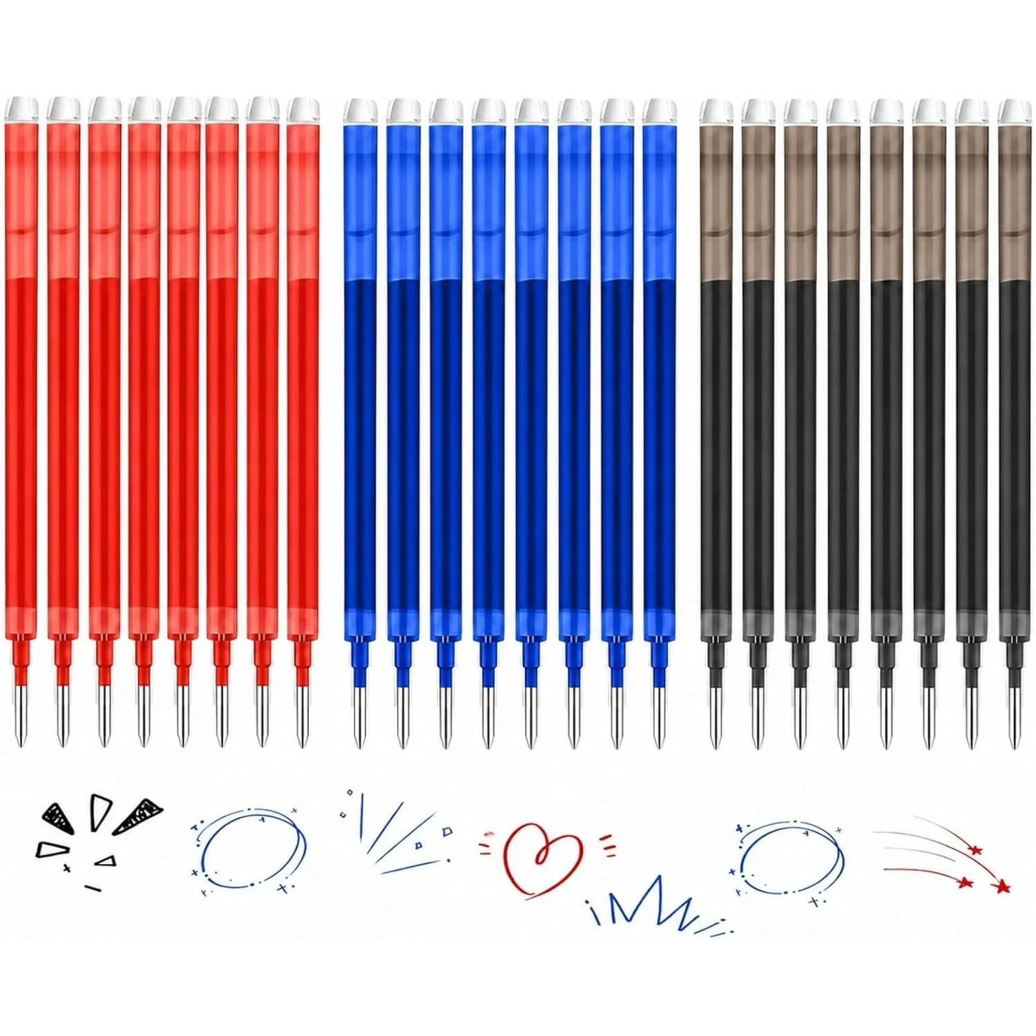 24 Pack 8 Blue 8 Black 8 Red Erasable Gel Ink Pen Refills 1.0 mm Compatible with FriXion Friction, Multicolor Medium Fine Point