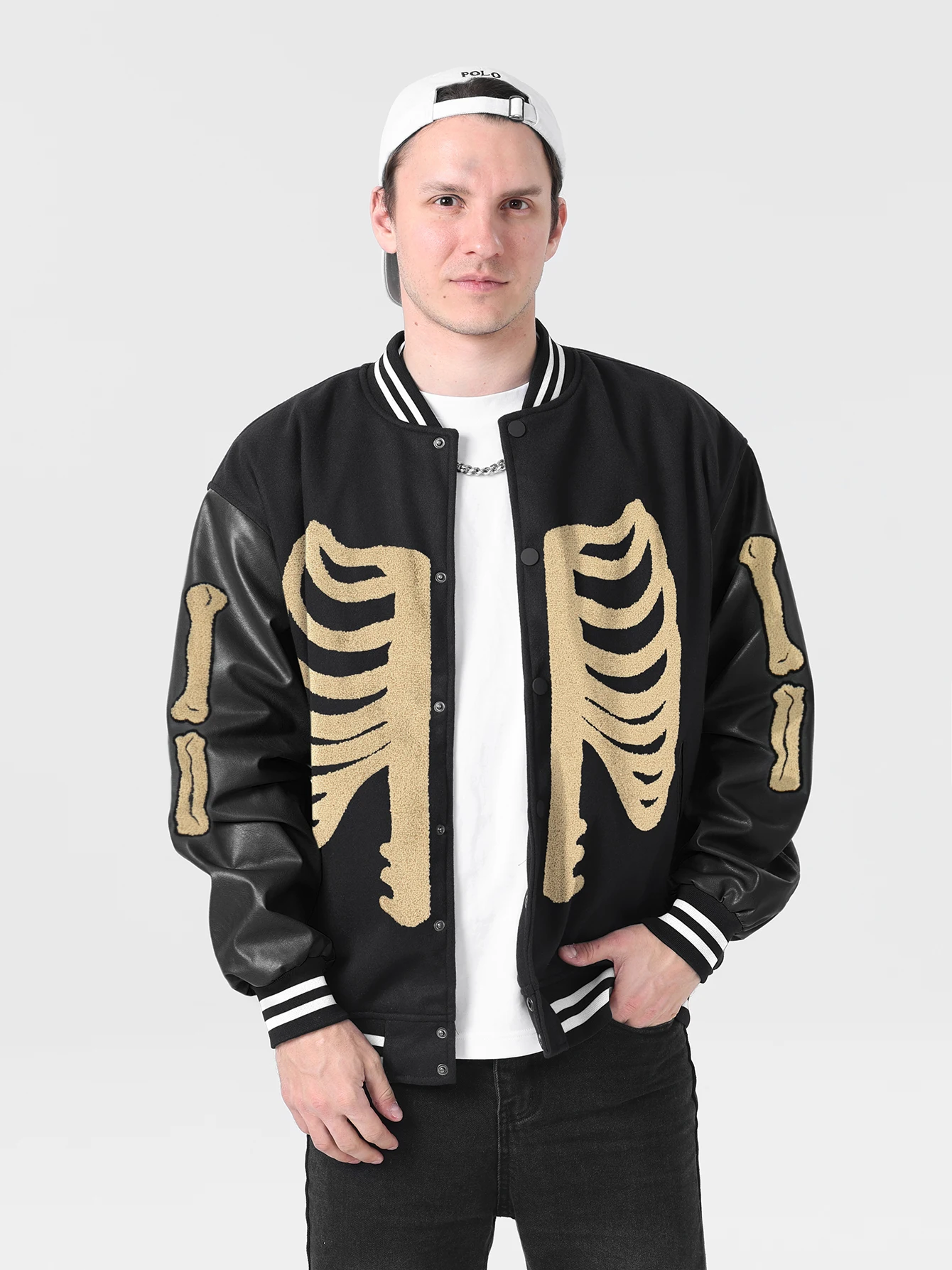 Mens Varsity Jackets Skeleton Graphic Baseball College School FauxWool+Leather Bomber Jacket Halloween costumes Outerwear Coats