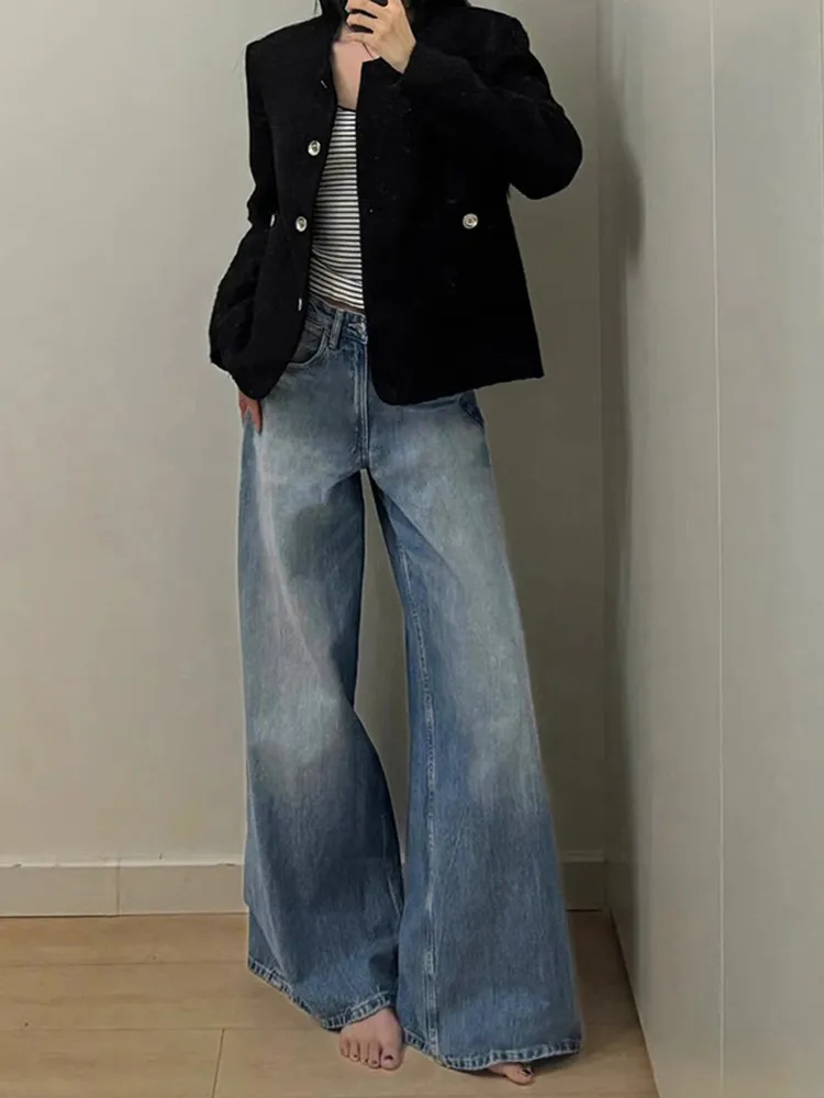 American Retro High Street Wide Leg Jeans Women Summer Loose Slim Tall Extended Micro Flared Floor-Length Pants