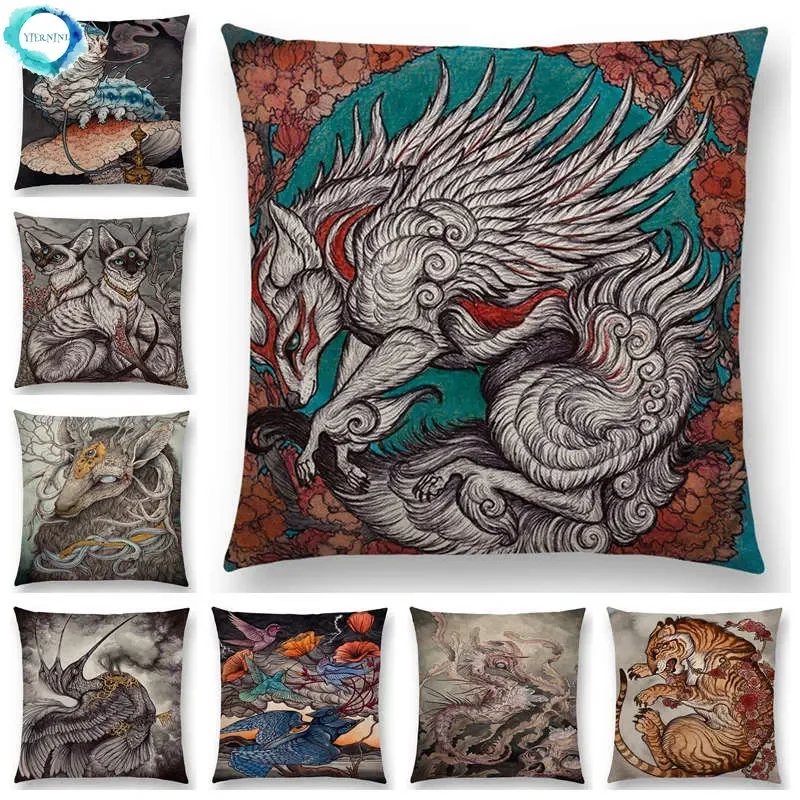 

Dark Magic Creatures Mysterious Monster mythical beasts Sofa Pillow Case Cat Deer Bird Fox Tiger Snake Cushion Cover