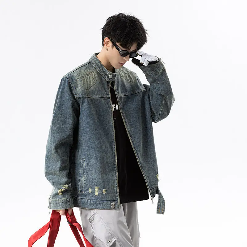 

New Men Pure Cotton Denim Jacket Full Zipper Stand Collar Daily Casual Coats Men's Vintage Washed Denim Jacket Slim Fitted Male