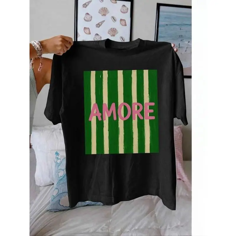 

Amore T-shirt Retro Italian Word Graphic Tee Vintage Stripes Crewneck Short Sleeve Streetwear Aesthetic Top Love Gift