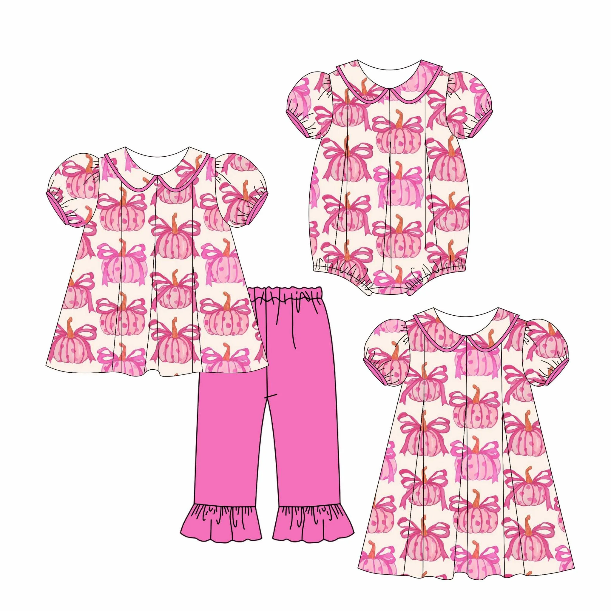 

Thanksgiving boutique children's set lapel short-sleeved elastic pink bow pumpkin print trousers lace girl set baby romper dress