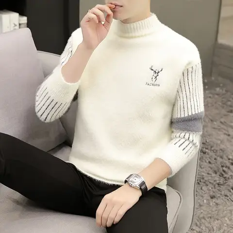 Autumn Winter Black White Men's Style Loose Fit Half Polo/turtle Neck Knitted Top Thickened Sweater Warm Men's Casual Wear Top