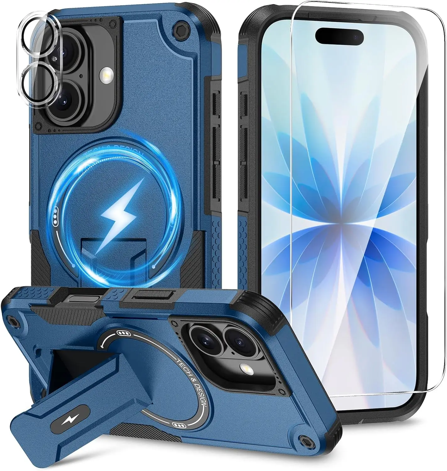 

3-in-1 Magnetic Phone Case with Stand & Protectors for iPhone 17, Blue - Compatible with MagSafe