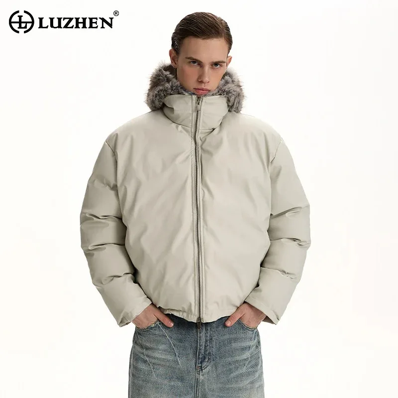

LUZHEN 2026 Winter Stylish Stand Neck Solid Color Faux Fur Hooded Parka Jacket Men Fashion Handsome Thickened Padded Coat JY6129