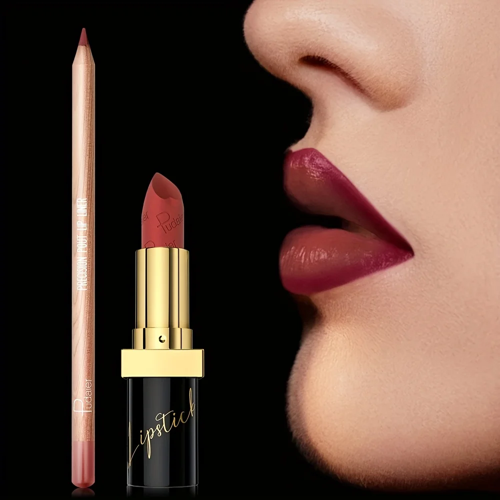 Pudaier Set di 2 rossetti opachi e matite per labbra: impermeabile, resistente al sudore, duraturo, facile da applicare