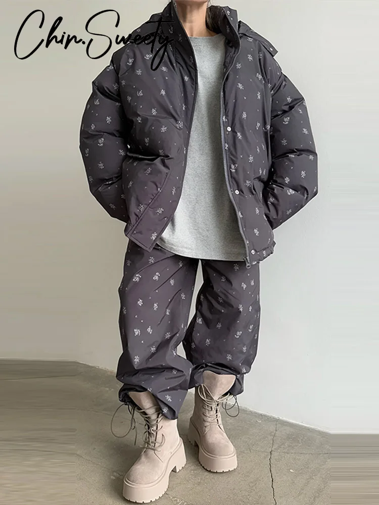 2025 الشتاء طباعة معطف السراويل النساء الزي أنيقة هودي كم طويل جيب سحابات سترة واسعة الساق بنطلون سيدة عادية مجموعة جديد #4